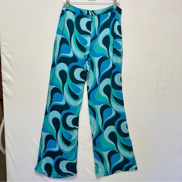 NWOT ZARA The Safia Pant Blue Psychedelic High Waisted Satin Flowy Y2K Sz XL - Picture 3 of 10
